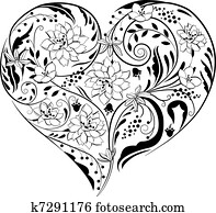 Black and white plants and flowers in heart shape Black and white plants and flowers in heart shape