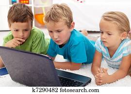 focalizado, crianças, olhar, computador laptop