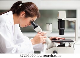 Focused female science student looking in a microscope Focused female science student looking in a microscope