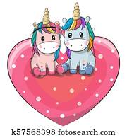 Two cute Unicorns are sitting on a heart