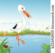 White stork cartoon searching food