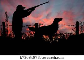 amanhecer, caça, um, caçador, e, seu, cão