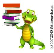 cute Aligator cartoon character with book stack cute Aligator cartoon character with book stack