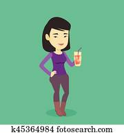 Woman drinking cocktail vector illustration.