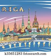 cidade velha, e, rio, daugava, à noite, riga, latvia cidade velha, e, rio, daugava, à noite, riga, latvia