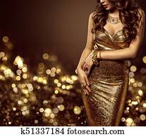 Fashion Model Body in Gold Dress, Woman Elegant Golden Gown, Beautiful Lady Fashion Model Body in Gold Dress, Woman Elegant Golden Gown, Beautiful Lady