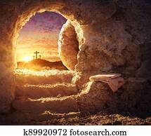 leerer, grab, mit, kreuzigung, an, sonnenaufgang, -, auferstehung, begriff