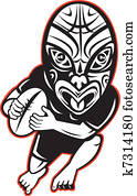 Rugby player running wearing Maori mask Rugby player running wearing Maori mask