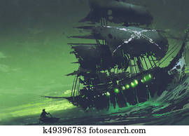 Flying Dutchman ghost pirate ship in the sea with mysterious green light Flying Dutchman ghost pirate ship in the sea with mysterious green light