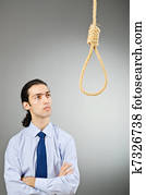 homem negócios, com, pensamentos, de, suicídio