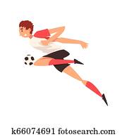 profesional, jugador del fútbol, patear, pelota, futbolista, carácter, en, uniforme, vista lateral, vector, ilustración