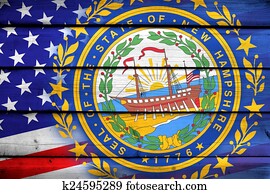 USA and New Hampshire State Flag on wood background USA and New Hampshire State Flag on wood background