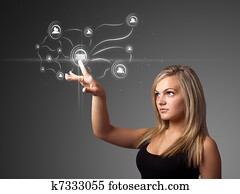 Businesswoman pressing modern social type of icons