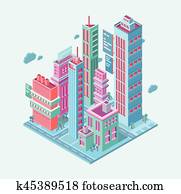 isometrisch, gebäude., megalopolis, geschaefts, city., wolkenkratzer, türme, modernes, gebäude, weiß, hintergrund, vektor, abbildung