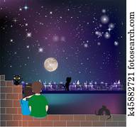 ligado, a, telhado, à noite