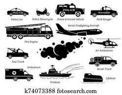 רשום, של, תשובה של חירום, כלי רכב, איקון, set.