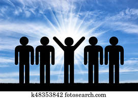 Man with raised arms among ordinary people