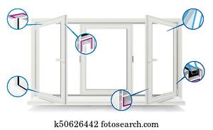 Hölzern, fenster, schablone, geschlossene, und, open., modernes