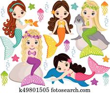 Vector Cute Little Mermaids with Marine Animals. Vector Mermaids and Sea Animals Vector Cute Little Mermaids with Marine Animals. Vector Mermaids and Sea Animals