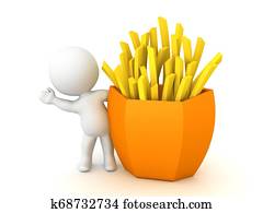 3D Character waving from behind french fries 3D Character waving from behind french fries