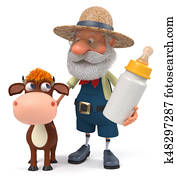 3d illustration the farmer stands with a funny calf 3d illustration the farmer stands with a funny calf