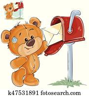 vecteur, illustration, de, a, brun, ours peluche, prend, depuis, a, boîte lettres, les, reçu, lettre