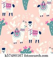 caricatura, lhama, alpaca, Seamless, padrão