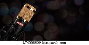 Microphone with podcast label. Copy space Microphone with podcast label. Copy space