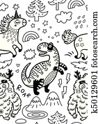 tinta, képzelet, tapéta, alatt, gyerekes, mód, noha, egyszarvú, jeti, dino