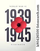 World War II commemorative poster with poppy flower. World War II commemorative poster with poppy flower.