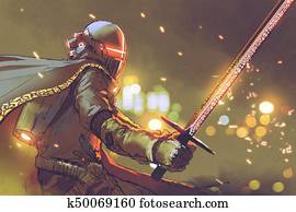 astro-knight in futuristic armor holding magic sword astro-knight in futuristic armor holding magic sword