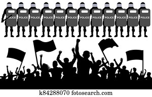 Crowd of protesters with flags against the police. Silhouette vector illustration Crowd of protesters with flags against the police. Silhouette vector illustration