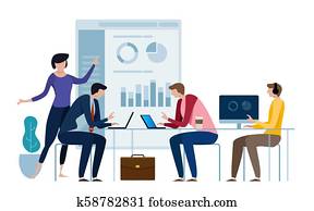 firmenkundengeschäft, manager, erklären, quartal, bericht, daten, to, direktoren, board., arbeitend zusammen, erreichen, target., finanziell, results., flache, stil, vektor, abbildung, freigestellt, auf, white.