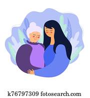 illustration, av, a, söt, farmor, och, dotter, kvinna, kel, mot