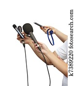 reunião negócio, conferência, jornalismo, microfones