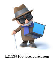 3d Blind man has a laptop pc