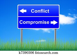 Conflict compromise roadsign on sky background, grass underneath. Conflict compromise roadsign on sky background, grass underneath.