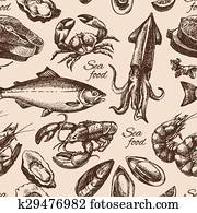 hand, gezeichnet, skizze, meeresfrüchte, seamless, pattern., altmodisch, stil, vektor hand, gezeichnet, skizze, meeresfrüchte, seamless, pattern., altmodisch, stil, vektor