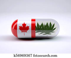 Pill with Canadian flag wrapped around it and marijuana leafs inside Pill with Canadian flag wrapped around it and marijuana leafs inside
