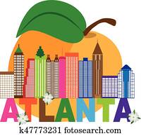 Atlanta Skyline Peach Dogwood Colorful Text Illustration Atlanta Skyline Peach Dogwood Colorful Text Illustration