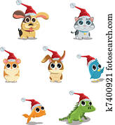 Cute animals wearing Santa hat