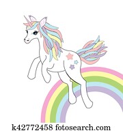 djur, illustration, med, söt, enhörning, på, regnbåge, bakgrund