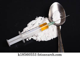 droga, siringa, e, cozinhado, heroína, ligado, colher