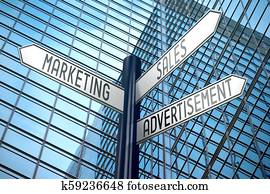 Marketing, sales, advertisement - crossroads sign, office building Marketing, sales, advertisement - crossroads sign, office building