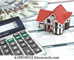 Mortgage calculator. House, money and document.