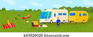 People travel in trailer vector illustration, cartoon flat happy family with kids or friends travelers cooking grill picnic food, sunbathing People travel in trailer vector illustration, cartoon flat happy family with kids or friends travelers cooking grill picnic food, sunbathing