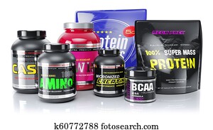 Sports nutrition. Whey, BCAA, protein, amino. 3d render Sports nutrition. Whey, BCAA, protein, amino. 3d render