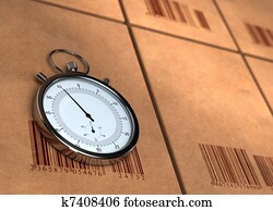 stopwatch over many carton boxes with barecodes, the chronometer is positioned on the left side, the right side is blurred for copy space - 3D render