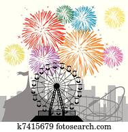 fireworks and silhouettes of a city and amusement park fireworks and silhouettes of a city and amusement park