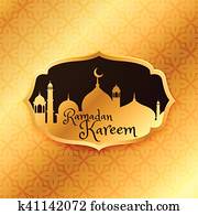 יפה, ramadan, kareem, דש, עם, זהוב, מסגד, ו, תבנית